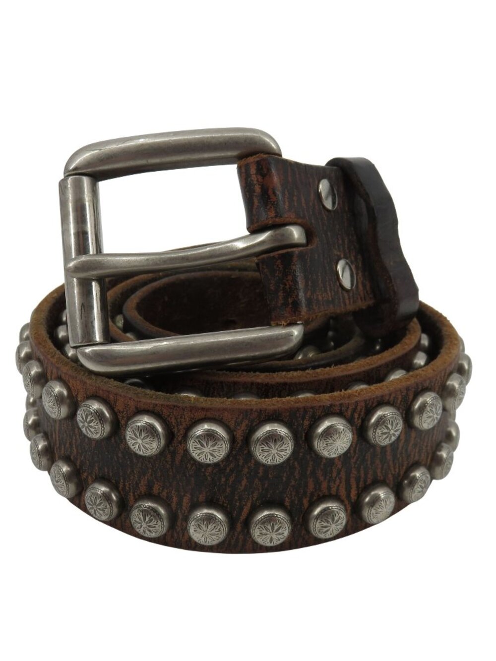 Men 38 Brown Genuine Leather Silver Studded Stud Belt Western Cowboy Country